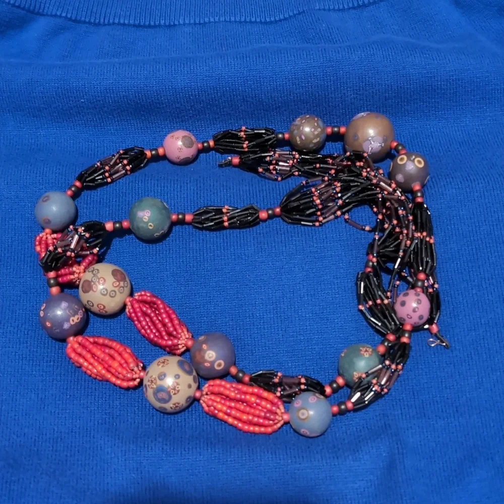 Handcrafted Hand painted Artistic Long‎ Beaded Necklace Multi color 22" - Picture 2 of 7